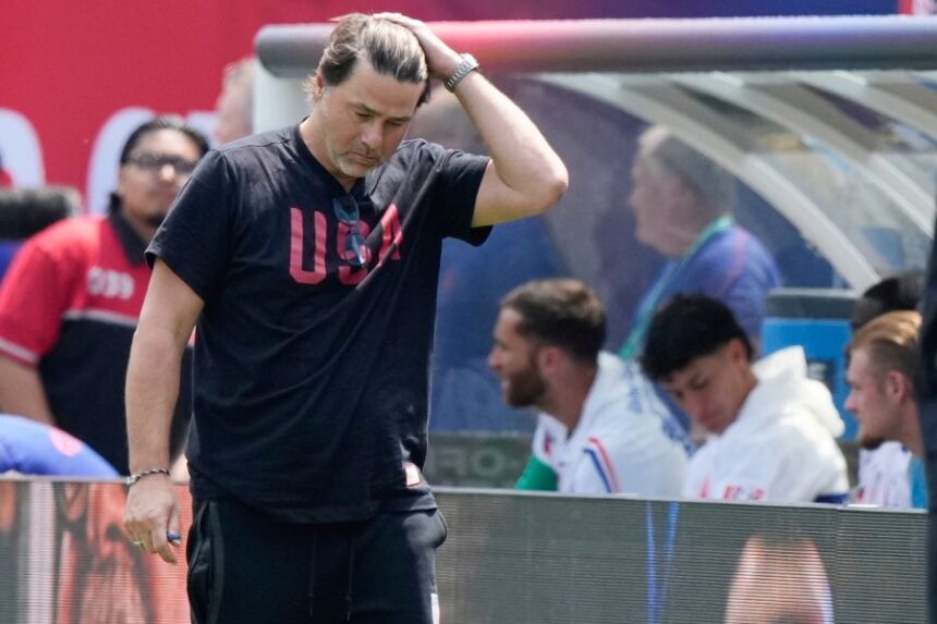 United States head coach Mauricio Pochettino reacts during the first half of an international friendly soccer match against Germany in Chicago, Saturday, June 6, 2026. (AP Photo/Nam Y. Huh)