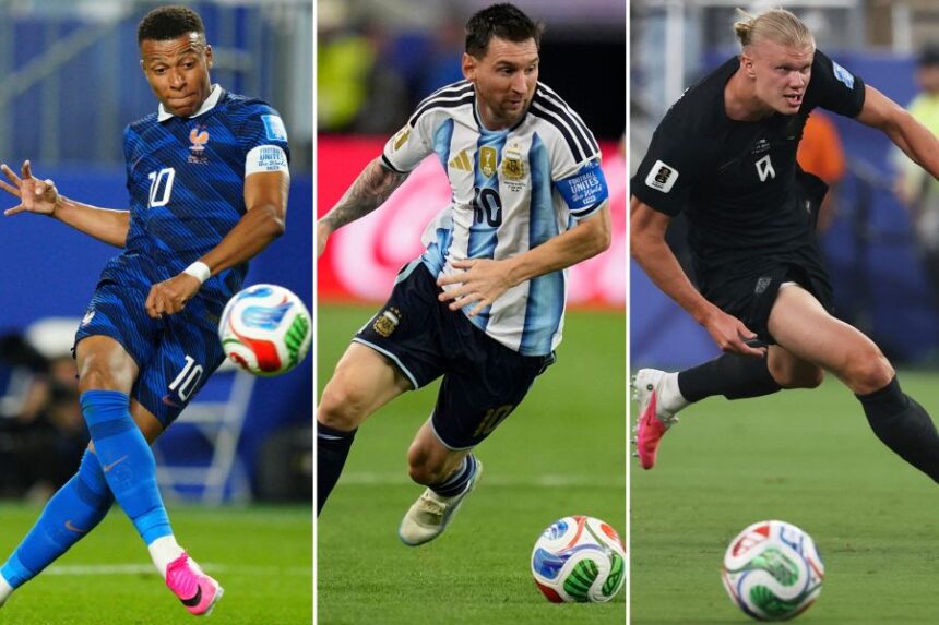 This combo of photo shows, France's Kylian Mbappe, left, Argentina's Lionel Messi, center, and Norway's Erling Haaland in action during the World Cup soccer tournament, Monday, June 22, 2026. (AP Photo/Derik Hamilton, left, Ashley Landis, and Pamela Smith)