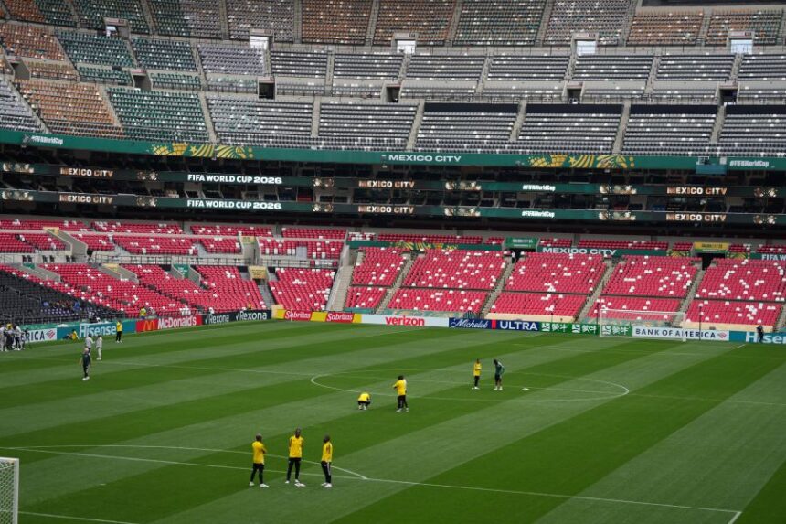 Players of South Africa visit the stadium in Mexico City, Wednesday, June 10, 2026, a day before their opening FIFA World Cup match against Mexico. (AP Photo/Eduardo Verdugo)