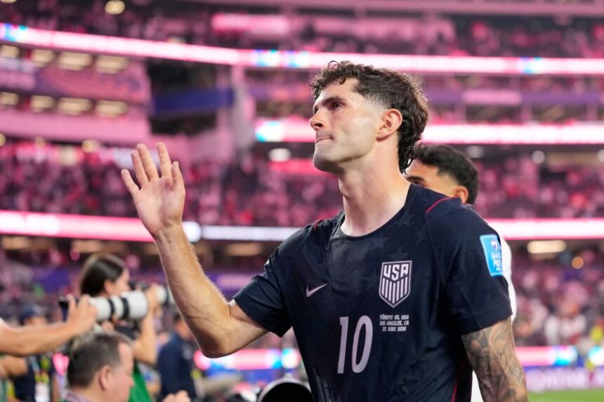United States' Christian Pulisic walks off the field after a World Cup Group D soccer match against Turkey in Inglewood, Calif., near Los Angeles, Thursday, June 25, 2026. (AP Photo/Mark J. Terrill)