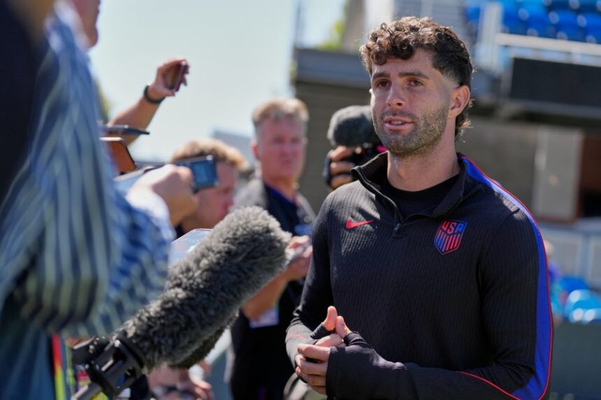 United States' Christian Pulisic speaks with the media before a training session ahead of their World Cup Round of 32 soccer match against Bosnia and Herzegovina, Tuesday, June 30, 2026, in San Jose, Calif. (AP Photo/Eugene Hoshiko)