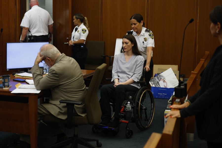 Defendant Lindsay Clancy awaits the start of proceedings during her murder trial at the Plymouth Superior Court on July 30, 2026. Clancy is on trial in connection of the death of her three children, five-year-old Cora, three-year-old Dawson and eight-month-old Callan, in January of 2023.