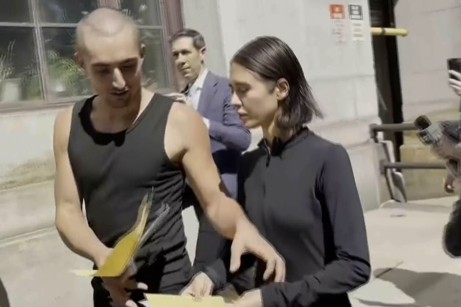 Angelina Nikolau and Ivan Kuznetsov, who go by Angela Nikolau and Ivan Beerkus, depart New York criminal courthouse building on Thursday, July 2, 2026.