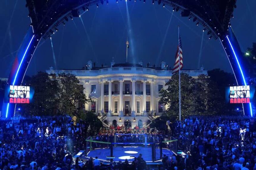 FILE - President Donald Trump arrives at the arena for the UFC Freedom 250 on the South Lawn of the White House, June 14, 2026, in Washington.