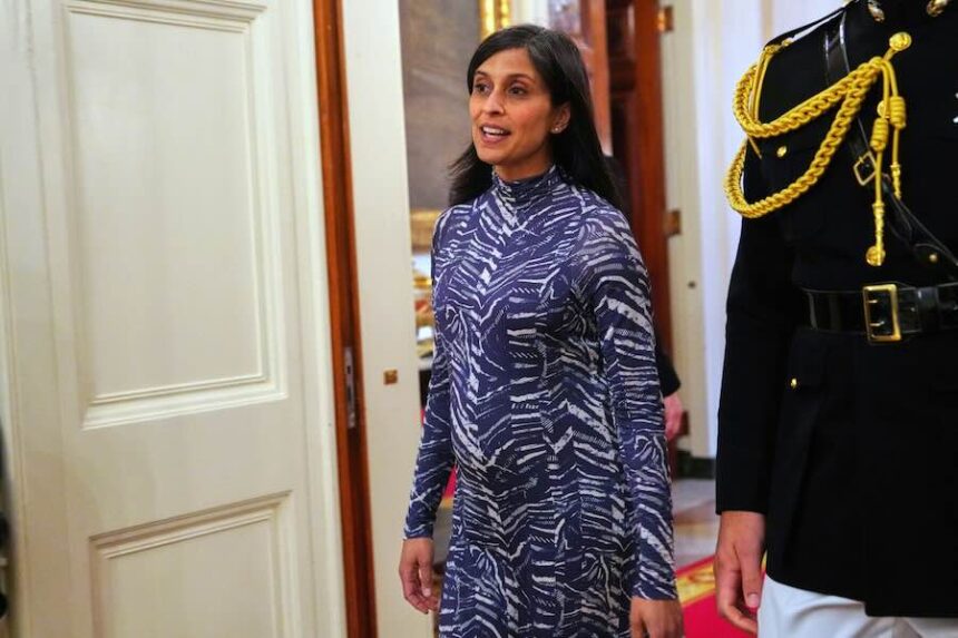 FILE - Second lady Usha Vance arrives at a women's history month event in the East Room at the White House, March 12, 2026, in Washington.