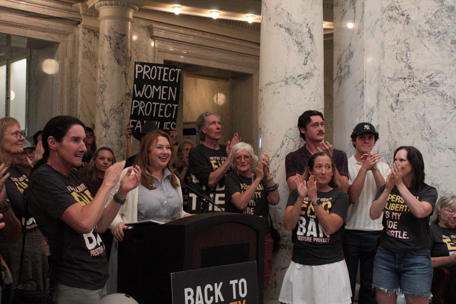 Melanie Folwell, executive director of Idahoans United for Women and Families, addresses volunteers on July 2, 2026, at the Idaho Statehouse in Boise ahead of delivering signatures to get an initiative to end Idaho’s abortion ban on the ballot in November. | Abigail Gerstein, Idaho Capital Sun