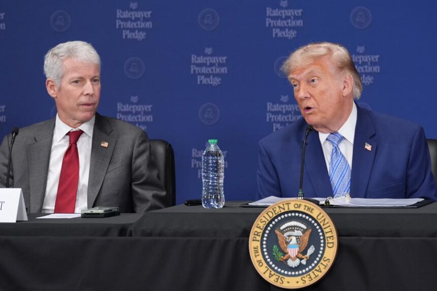 President Donald Trump speaks at the Environmental Protection Agency (EPA) Thursday, July 23, 2026, in Washington, as Energy Secretary Chris Wright listens. (AP Photo/Alex Brandon)