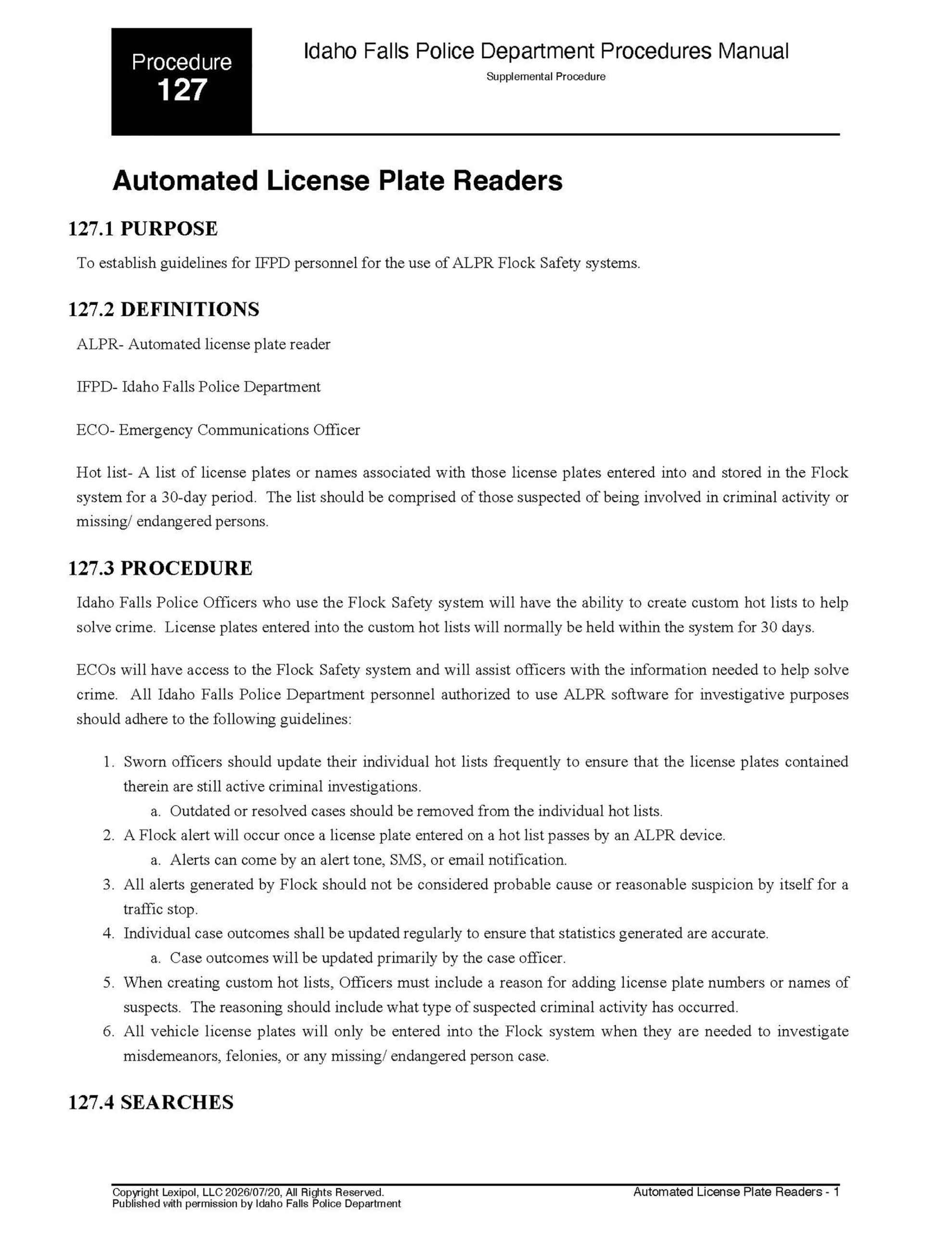 Idaho Falls Police Department Procedures Manual regarding automated license plate readers. | Courtesy Idaho Falls Police Department