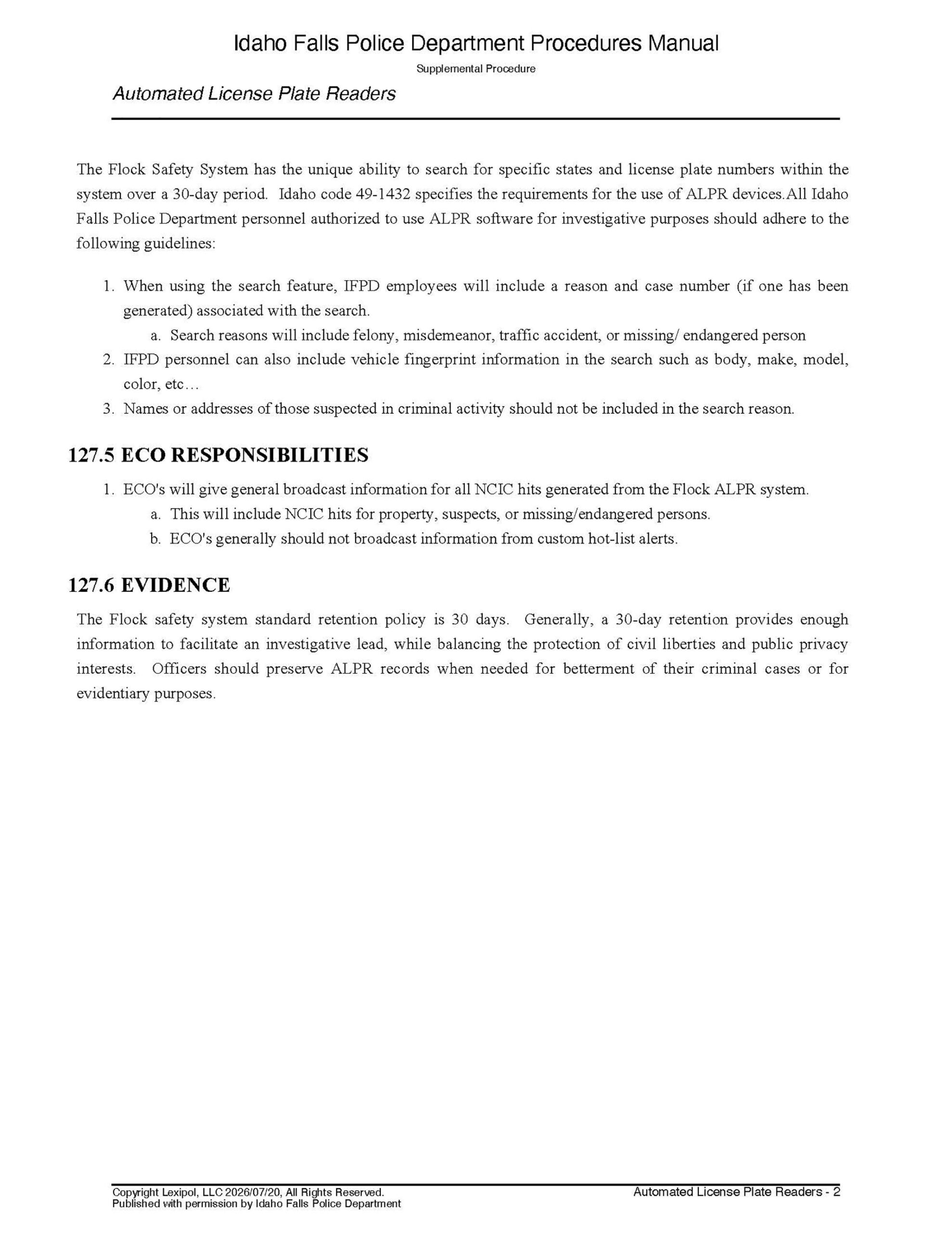 Idaho Falls Police Department Procedures Manual regarding automated license plate readers. | Courtesy Idaho Falls Police Department