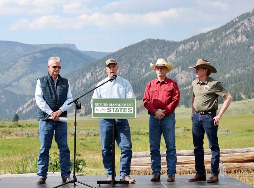 Idaho Gov. Brad Little, Montana Gov. Greg Gianforte, Wyoming Gov. Mark Gordon, and U.S. Interior Secretary Doug Burgum announce a rule to shift grizzly bear management toward states.