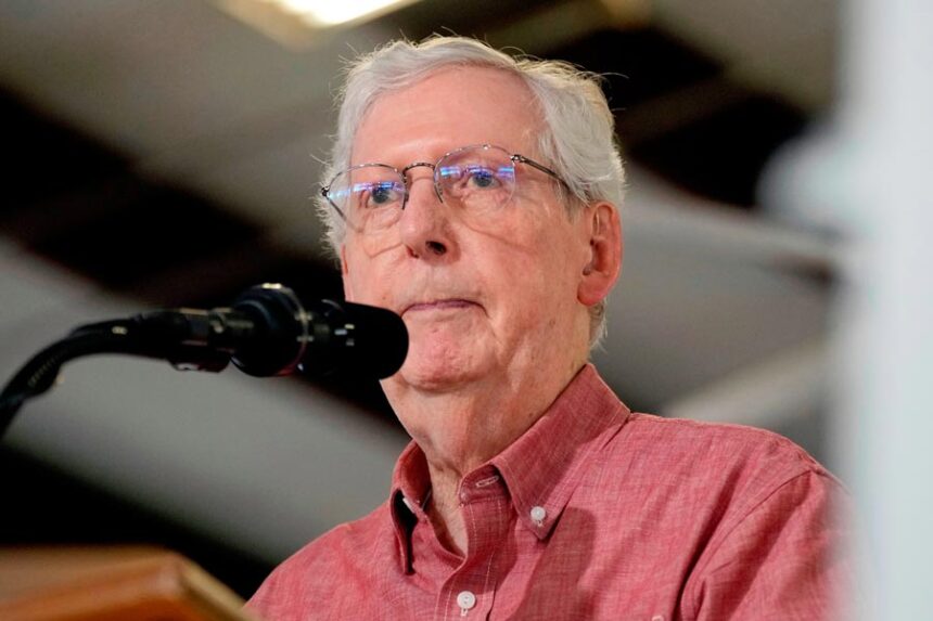 Sen. Mitch McConnell, R-Ky., speaks at an event, Aug. 2, 2025, in Fancy Farm, Ky. | Mark Humphrey, Associated Press