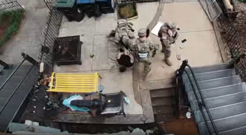 In the tort claim, attorneys say Idaho National Guardsmen approached Washington, D.C., resident Anna King to detain her as she was sitting outside her apartment on May 8. | Surveillance footage courtesy of the ACLU