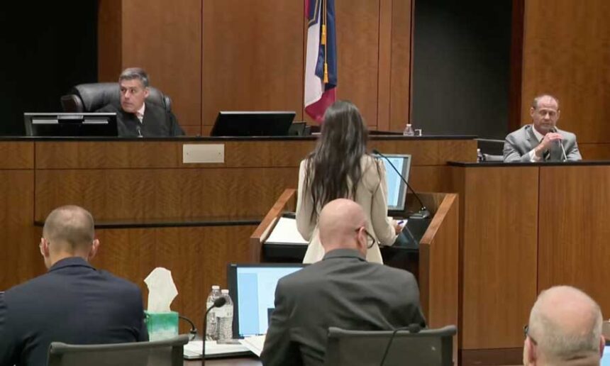 Deputy Utah County Attorney Lauren Hunt questions Agent Brian Davis, of the State Bureau of Investigation, during a preliminary hearing for Tyler Robinson, the Utah man accused of fatally shooting Charlie Kirk, at the Fourth District Court in Provo, Utah, on Wednesday. Judge Tony Graff looks off to his right as he listens to the questioning.