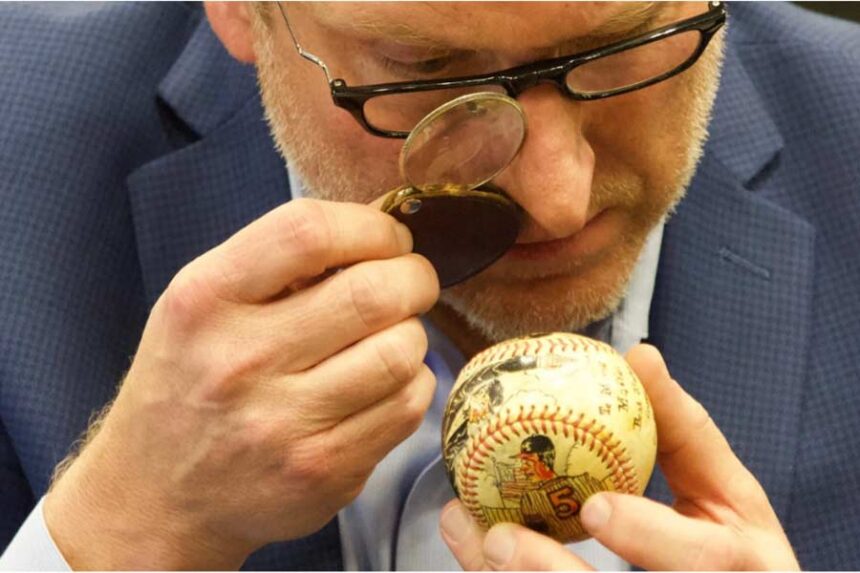 Celebrity appraiser Grant Zahajko examines an antique baseball. | Courtesy Museum of Idaho
