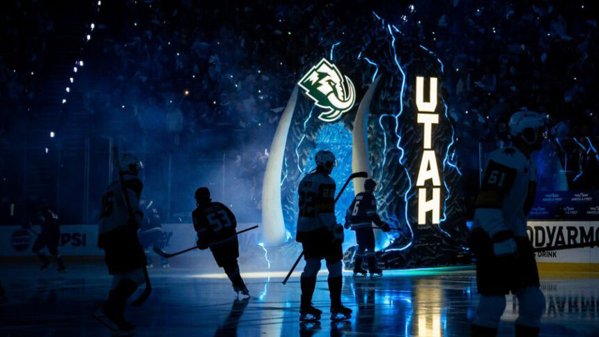 Utah Mammoth players are introduced before Game 6 of a first-round NHL Stanley Cup playoff series against the Vegas Golden Knights at the Delta Center in Salt Lake City on Friday, May 2, 2026. | Tess Crowley, Deseret News