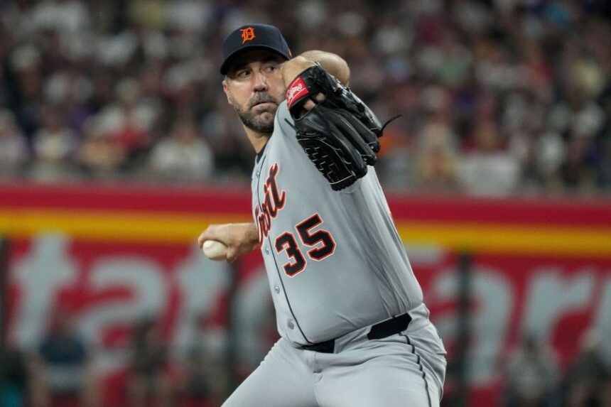 FILE - Detroit Tigers pitcher Justin Verlander works against the Arizona Diamondbacks during the first inning of an opening-day baseball game Monday, March 30, 2026, in Phoenix. (AP Photo/Darryl Webb,File)