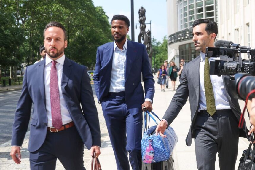 Former NBA player Malik Beasley, center, exits Brooklyn federal court, Wednesday, July 1, 2026, in New York. (AP Photo/Heather Khalifa) CORRECTION: name of the photographer corrected to Heather Khalifa instead of Yuki Iwamura