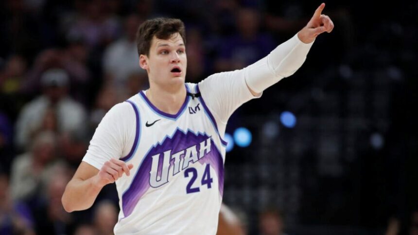 SALT LAKE CITY, UT - OCTOBER 22: Walker Kessler #24 of the Utah Jazz reacts after scoring against the Los Angeles Clippers during the first half of their game at the Delta Center on October 22, 2025 in Salt Lake City, Utah. NOTE TO USER: User expressly acknowledges and agrees that, by downloading and or using this photograph, User is consenting to the terms and conditions of the Getty Images License Agreement. (Photo by Chris Gardner/Getty Images)