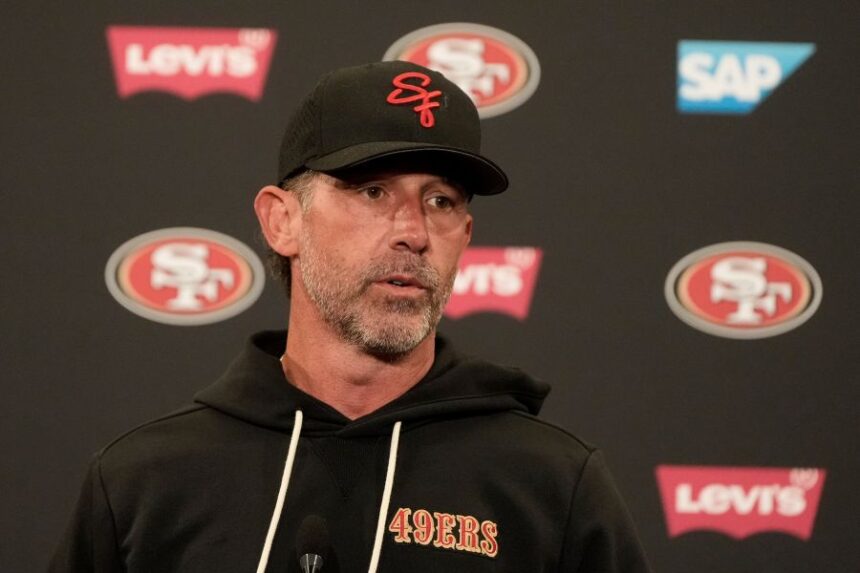 FILE - San Francisco 49ers head coach Kyle Shanahan speaks at a news conference after an NFL football practice Thursday, May 28, 2026, in Santa Clara, Calif. (AP Photo/Jeff Chiu, File)