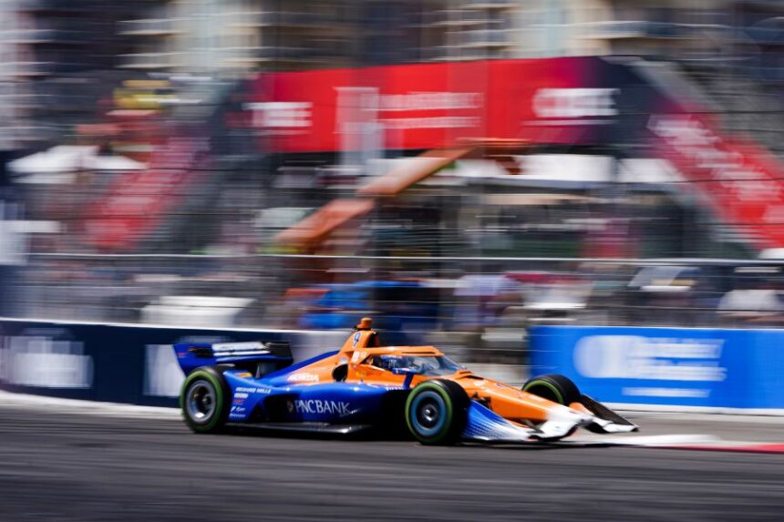 FILE - Chip Ganassi Racing driver Scott Dixon races during the IndyCar Grand Prix of Long Beach auto race April 21, 2024, in Long Beach, Calif. (AP Photo/Ryan Sun, File)