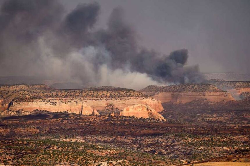 Smoke rises from the Snyder Fire near the Utah-Colorado border on June 28. Wildfires across both states are one of several impacts tied to increasing drought conditions in the West. (Noah Berger, Associated Press via CNN)