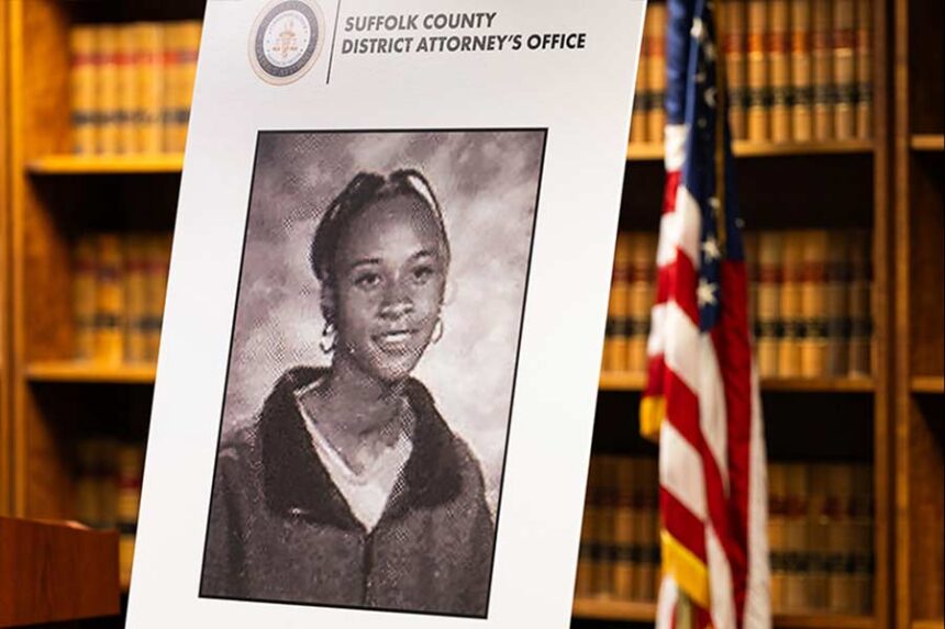 A poster with a photo of Tiffany Bradley is displayed before a news conference June 3 in Boston to announce the identity of a young woman found murdered nearly 26 years ago. Mandatory Credit: Finn Gomez/The Boston Globe /Getty Images via CNN Newsource