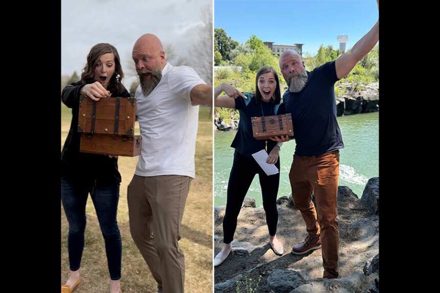 Anike Wilder of Anderson Hicks Group, woman on left in both photos, kicked off the company's eighth treasure hunt since 2022 on Friday. A cash prize of $15,000 is up for grabs. Whoever finds it gets to keep it. | 2025 photos courtesy Anike Wilder