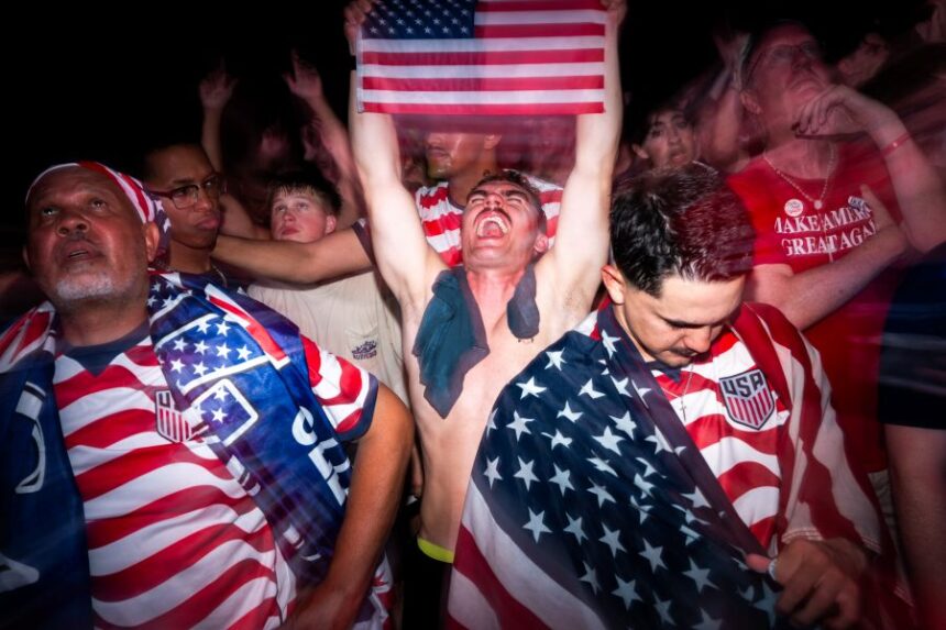 People attend a watch party for a World Cup soccer match between the United States and Bosnia Wednesday, July 1, 2026, in Washington, at the FIFA Fan Zone on the National Mall. (AP Photo/Allison Robbert)