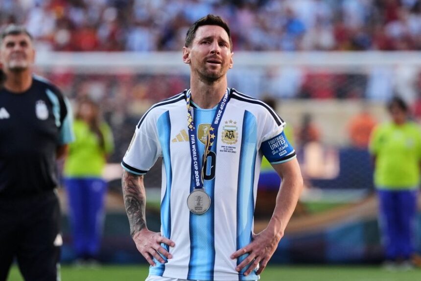 Argentina's Lionel Messi (10) cries at the end of the World Cup final soccer match between Spain and Argentina in East Rutherford, N.J., near New York, Sunday, July 19, 2026. (AP Photo/Stephanie Scarbrough)
