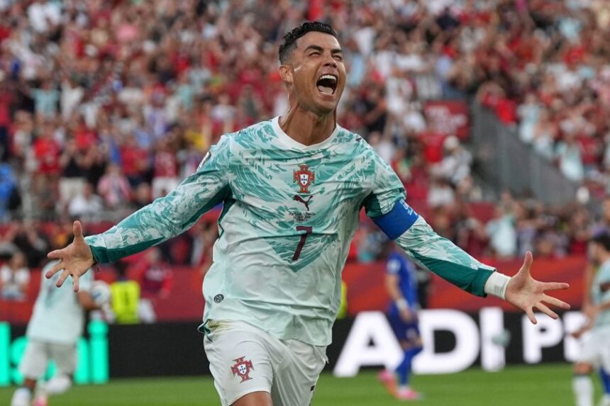 Portugal's Cristiano Ronaldo (7) celebrates after scoring their opening goal during the World Cup round of 32 soccer match between Portugal and Croatia in Toronto, Thursday, July 2, 2026. (AP Photo/Stephanie Scarbrough)