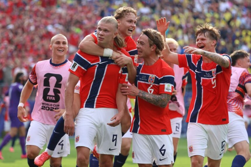 Norway's Erling Haaland (9) celebrates with teammates after scoring their second goal during the World Cup round of 16 soccer match between Brazil and Norway in East Rutherford, N.J., near New York, Sunday, July 5, 2026. (AP Photo/Pamela Smith)