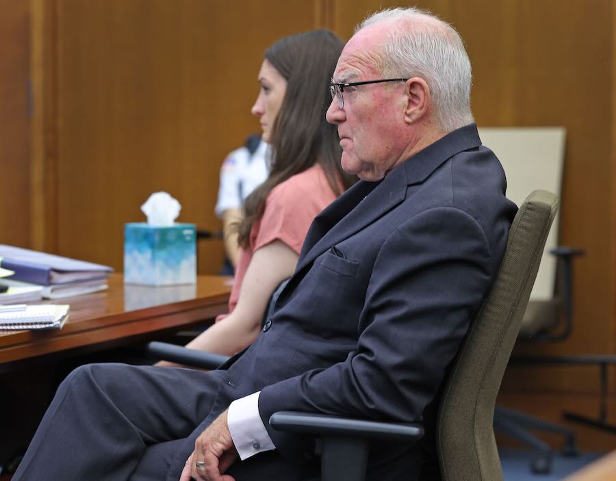 Defense attorney Kevin Reddington listens to medical testimony while seated next to defendant Lindsay Clancy in Plymouth Superior Court, Monday, in Plymouth, Mass.