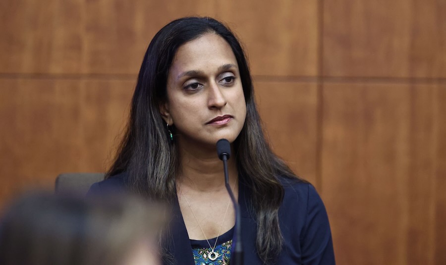 Dr. Jhilam Biswas, a forensic psychologist at Brigham and Woman's Hospital, testifies about her evaluation of Lindsay Clancy in the hospital, at the Plymouth Superior Court, Monday, Aug. 3, 2026, in Plymouth, Mass.