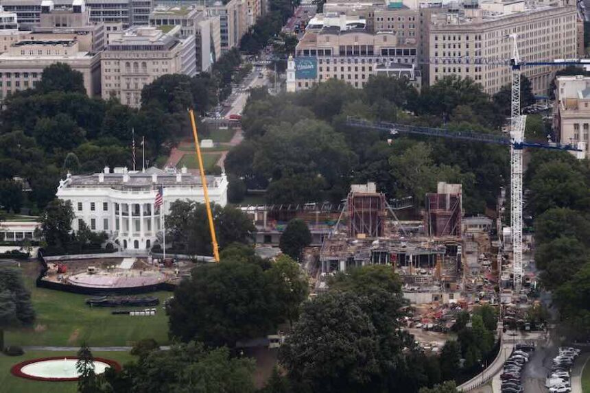 Construction continues on a helipad and the White House Ballroom on the South Lawn of the White House, Wednesday, Aug. 5, 2026, in Washington.