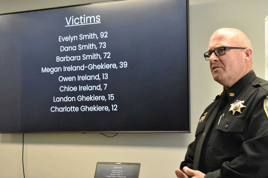 Yellowstone County Sheriff Kent O'Donnell speaks during a press conference Wednesday, Aug. 26, 2026, in Billings, Mont., about the victims of a weekend shooting and house fire in which the suspect and eight family members were killed. (AP Photo/Matthew Brown)