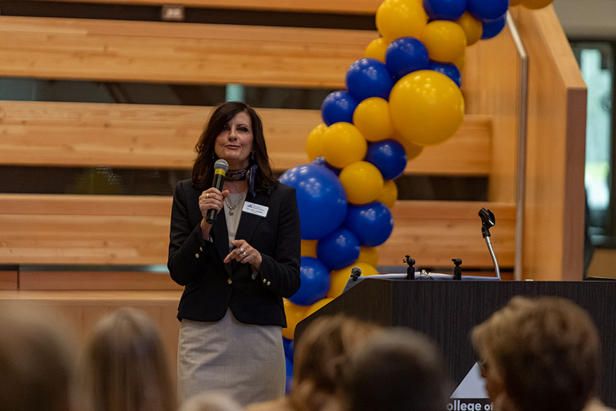 College of Eastern Idaho President Lori Barber speaking at Thursday ribbon cutting of the new Battelle Energy Alliance Future Tech Building in Partnership with Frontier Credit Union. | Daniel V. Ramirez, EastIdahoNews.com