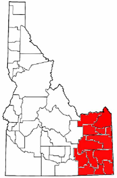 Map of Idaho highlighting eastern Idaho in red. | Courtesy Wikipedia