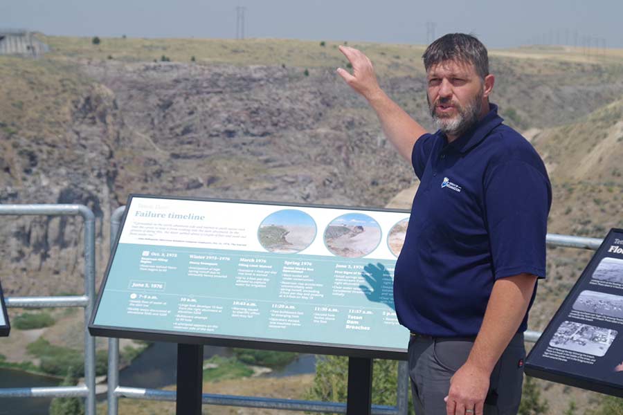 Michael Hilliard with the Bureau of Reclamation delivering remarks during a tour of the Teton Dam site on Thursday, August 6. | Courtesy Steve Stuebner