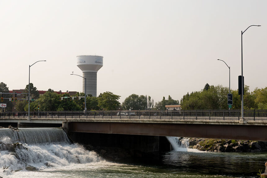 Smokey skies are seen over the Idaho Falls water tower and Snake River, on Thursday, Aug. 6, 2026, in Idaho Falls. Several counties in East Idaho are under an air quality advisory due to wildfire smoke.