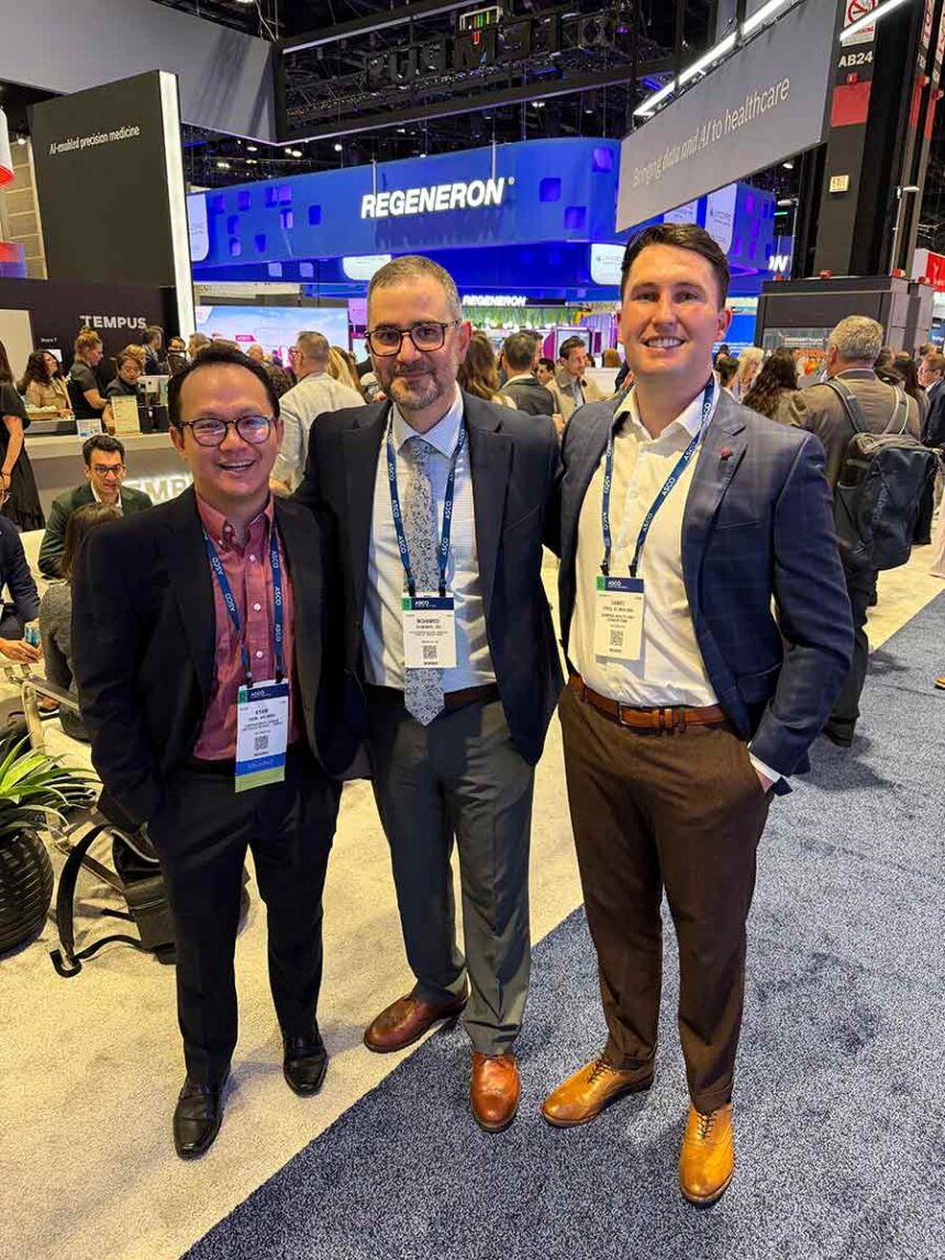 Daniel Thomas Jones, DO, MBA, MHS, with members of his oncology research team at the 2026 ASCO Annual Meeting in Chicago, where the group presented research in cancer outcomes and health services research. | Courtesy of Dr. Jones