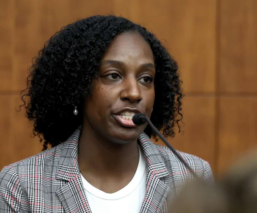 Witness Latiesha Dukes, a mental health clinician, testifies during Lindsay Clancy's murder trial at Plymouth Superior Court on Wednesday, Aug. 12, 2026, in Plymouth, Mass.