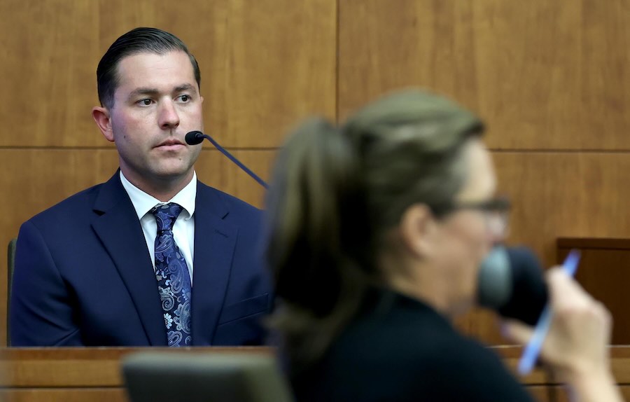Cameron Daley takes the stand to testify during Lindsay Clancy's murder trial at Plymouth Superior Court, Wednesday, Aug. 12, 2026, in Plymouth, Mass.