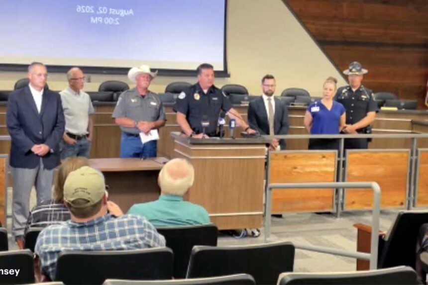 During a Sunday, Aug. 2, 2026, press conference, Police Chief Matthew Hicks shares an update on the law enforcement investigation into a mass shooting that occurred at an In-N-Out restaurant in the Twin Falls the day before.