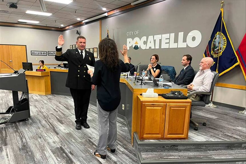 Shane Grow was sworn-in as Pocatello's new fire chief during a recent City Council meeting. | Courtesy City of Pocatello