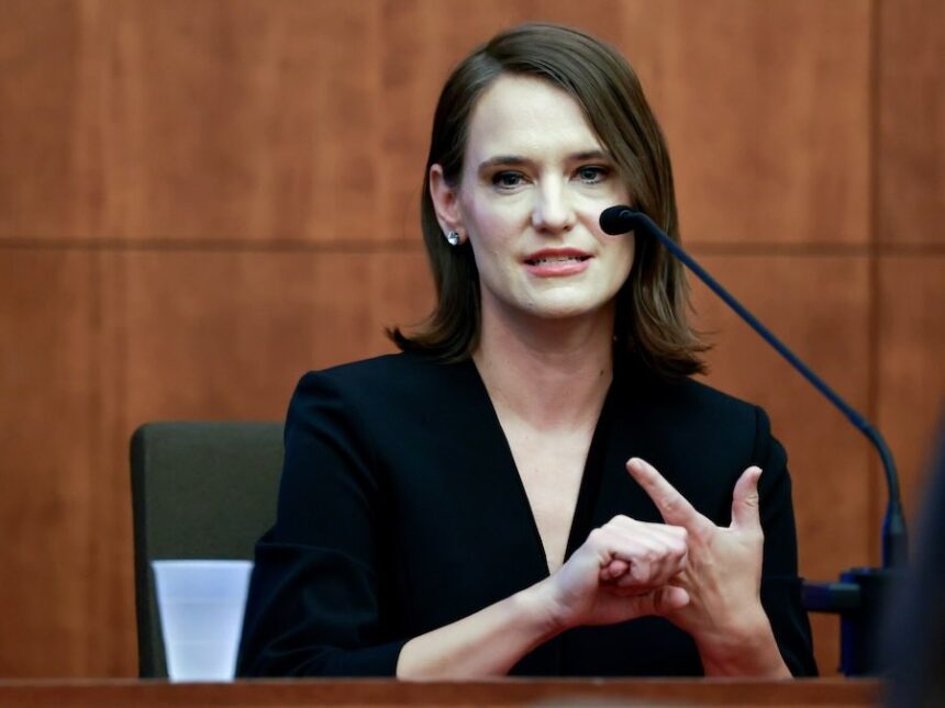 Rebecca Jollotta, a psychiatric nurse practitioner with South Shore Hospital’s perinatal behavioral health program, testifies Tuesday, Aug. 11, 2026, during Lindsay Clancy's trial at the Plymouth Superior Court in Plymouth, Mass.