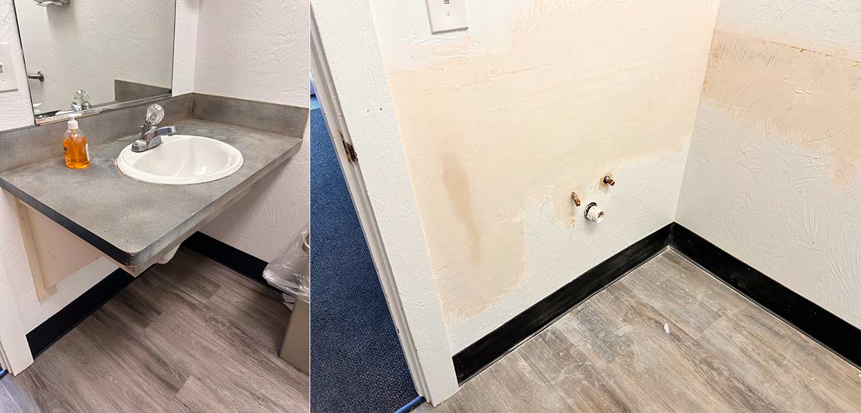 Before and after sink was removed from the bathroom. | Photo on left courtesy Amy Grider