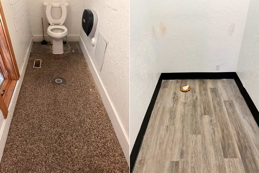 Left: Photo of bathroom before the remodel started. Right: Photo of bathroom after toilet was removed. | Photo on left courtesy Amy Grider