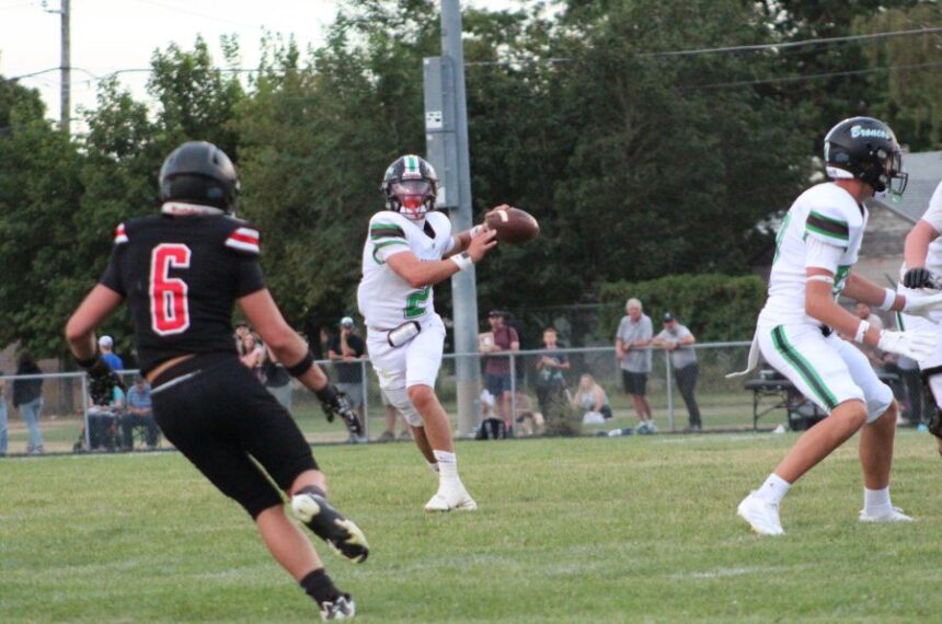 Blackfoot quarterback Parker Wright looks downfield for an open receiver in Friday's game against Shelley. | Allan Steele, EastIdahoSports.com.