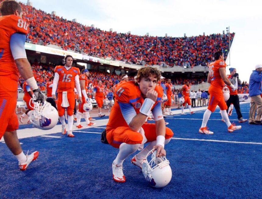 Quarterback Kellen Moore looks up at the scoreboard after the Broncos missed a last-second field goal to lose 36-35 to TCU in 2011. Joe Jaszewski Idaho Statesman file