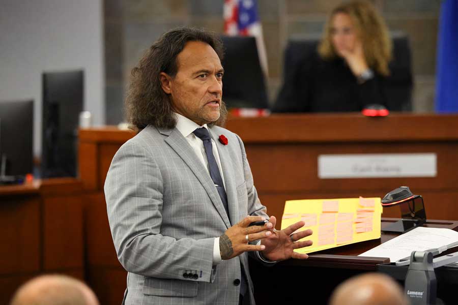 Attorney Michael Sanft speaks during the second day of jury selection in the murder trial related to the 1996 killing of rapper Tupac Shakur at Clark County District Court's Regional Justice Center in Las Vegas, Nevada, on Tuesday, Aug. 11, 2026.